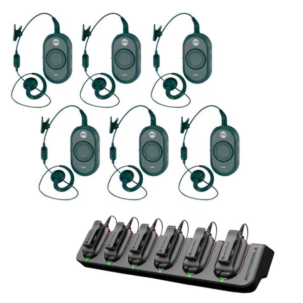 Set 6 Motorola CLP446 Handfunkgeräte mit Ohrhörer und Multiladegerät.